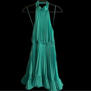 Amur Anthropologie Amiri Pleated Halter Mini Dress Teal Green Ruffles Formal NWT